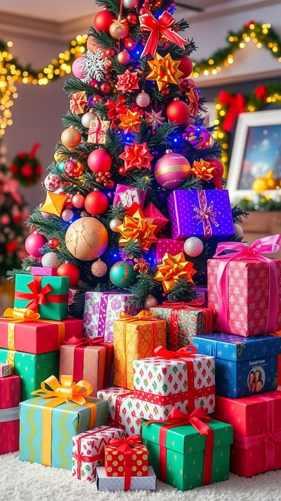 A festive Christmas scene with a decorated tree and colorful gift boxes for teen girls.